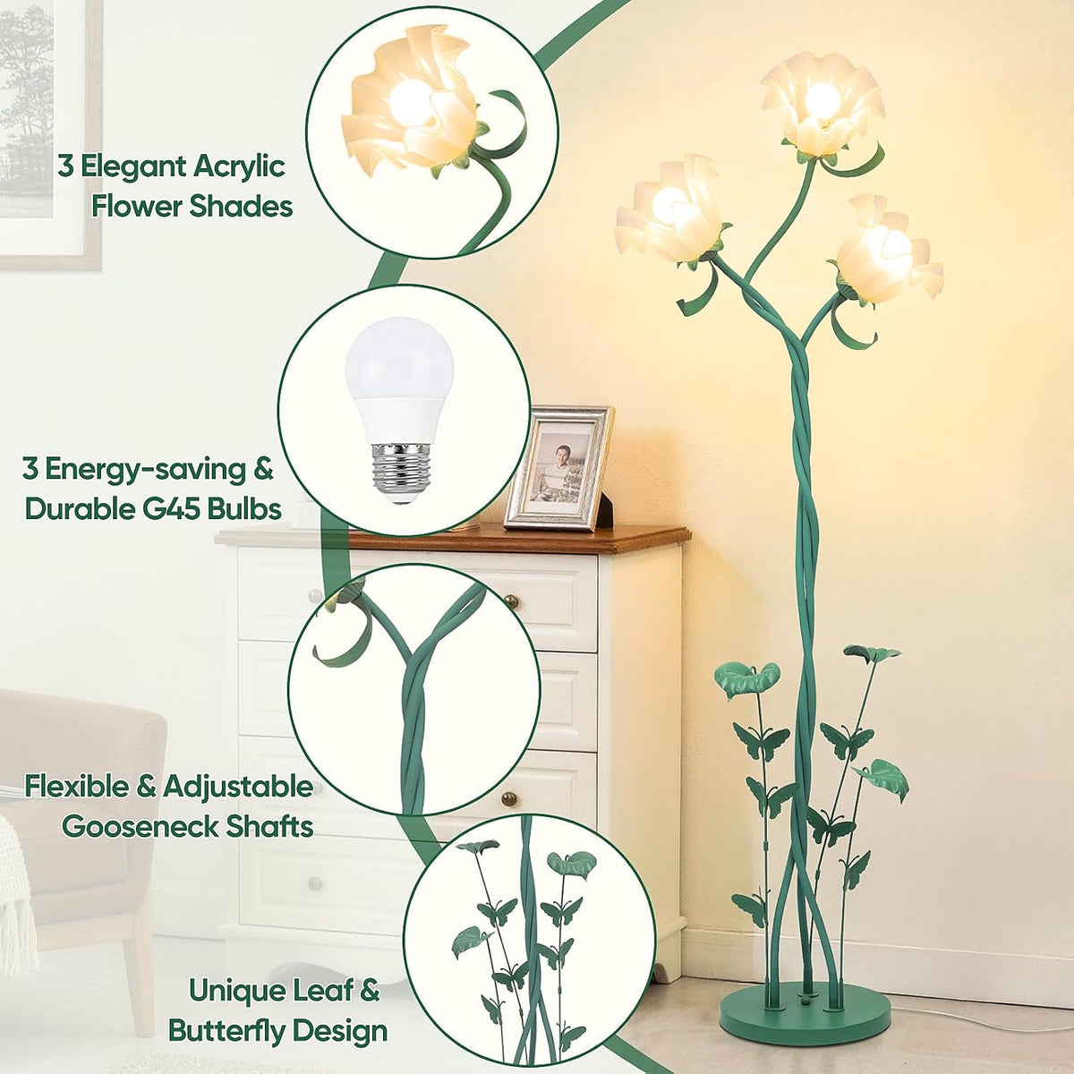 TOBUSA Floor Lamp with 3 Bulbs for Living Room, Cute Vintage Standing Lamp