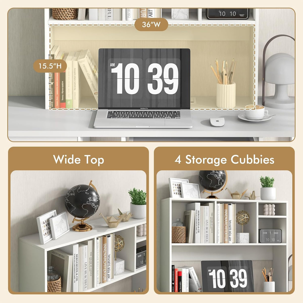 GOFLAME Desk Hutch Dorm White, 4 Cubes Desktop Bookshelf, 37” Wood Tabletop Storage Organizer Shelf for Computer Monitor, Modern Countertop Display Hutch, Home Office, Study