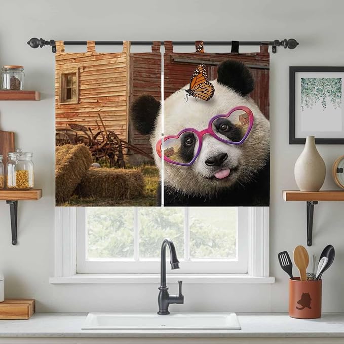 Farm Panda Bedroom Curtains 63 Inch Length, Window Curtains Tab Top, Farmhouse
