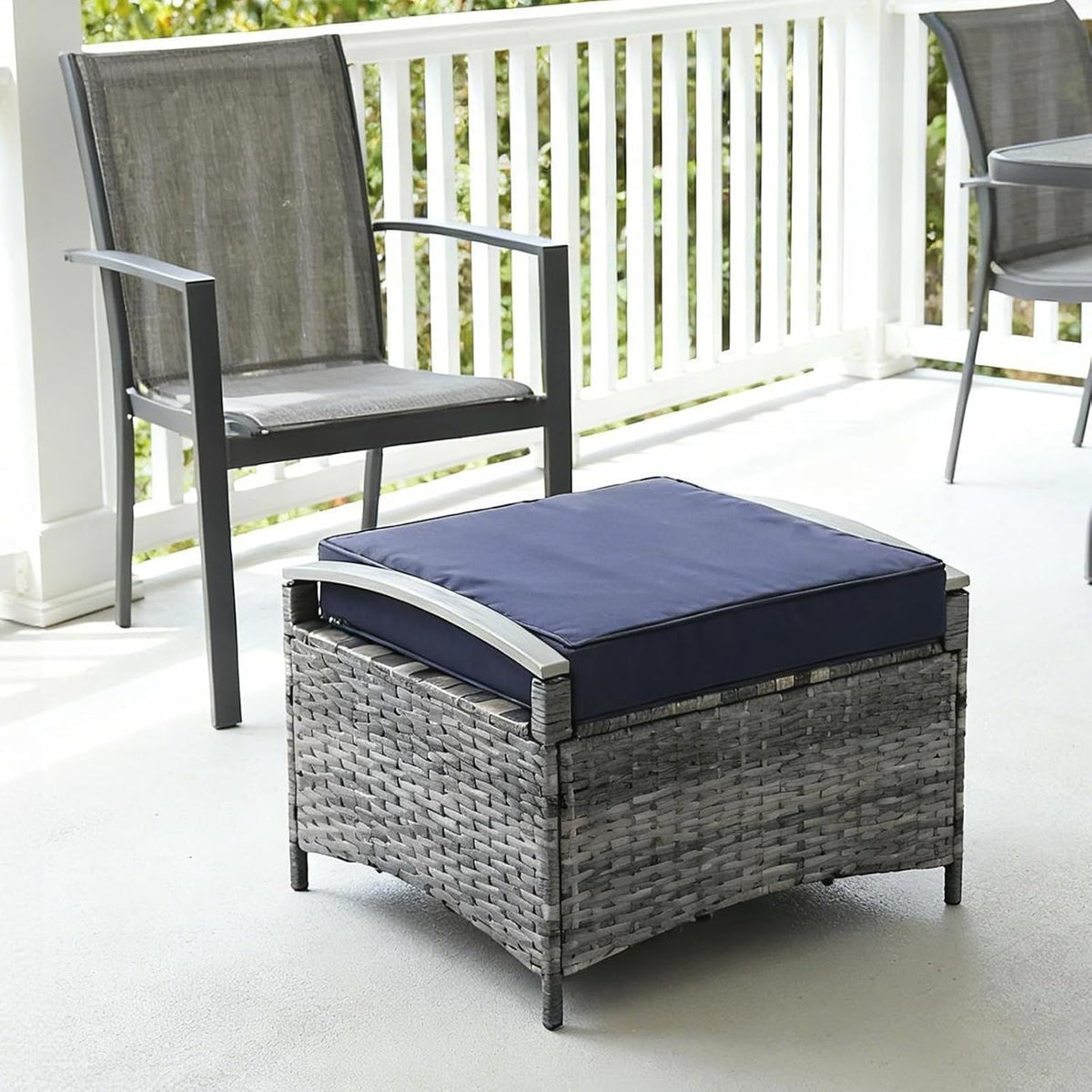 VINGLI 2 Pieces Rattan Ottoman with Storage, Wicker Patio Furniture w/Removable Cushion, Multipurpose Footrest Stool for Outdoor (Classic Gray)
