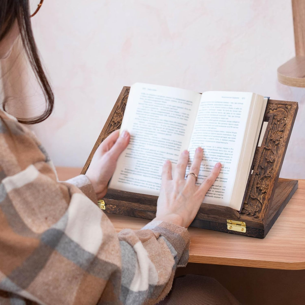 DERTE Adjustable Wooden Bible Stand Carved Missal Book Holder for Table