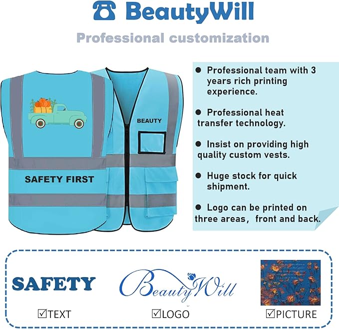 BeautyWill Safety Vest 1 pcs Customize Logo Class 2 High Visibility Reflective Vest with 5 Pockets Construction Security Work Vest ANSI/ISEA Standards