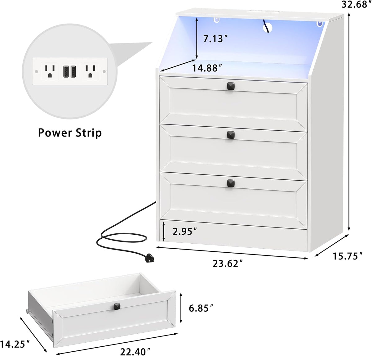 Wodeer White Dresser 3 Drawer Nightstand, Wood Night Stand with LED Lights, Charging Station, Metal Handles, Modern Storage Cabinet and Organizer Drawers for Living Room, Hallway