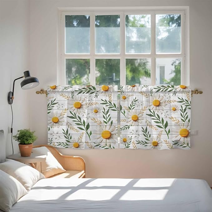Spring Daisy Tier Curtains, Farmhouse Country Flower Leaf Plant Wood Grain
