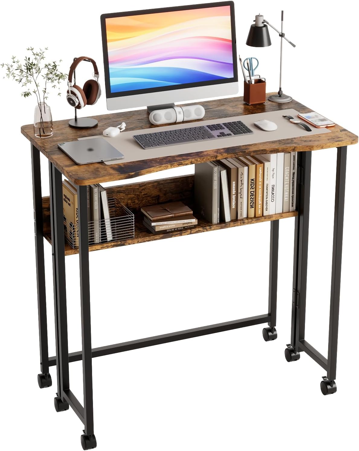 VINGLI 31.5 Inch Folding Computer Table, Small Rolling Desk with Storage Shelf, Space-Saving Sofa Table for Couch, Portable Writing Workstation Office Computer Desk, Brown