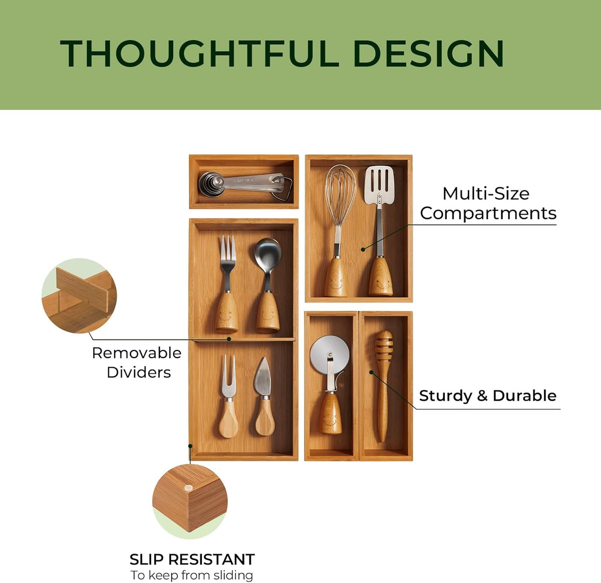 keechee 5-Piece Bamboo Drawer Organizer Set, 2.2" Deep Multi-Use Organizers for Utensils, Silverware, Cutlery, Desk, Bathroom, Junk Drawer & Makeup, Non-Slip Feet Included.