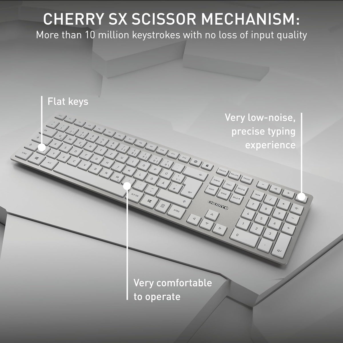 CHERRY DW 9100 Slim, Wireless Keyboard and Mouse Set, Bluetooth & 2.4 GHz RF Connection, Quiet Keys, Comfortable Writing, Rechargeable, QWERTY, Silver/White