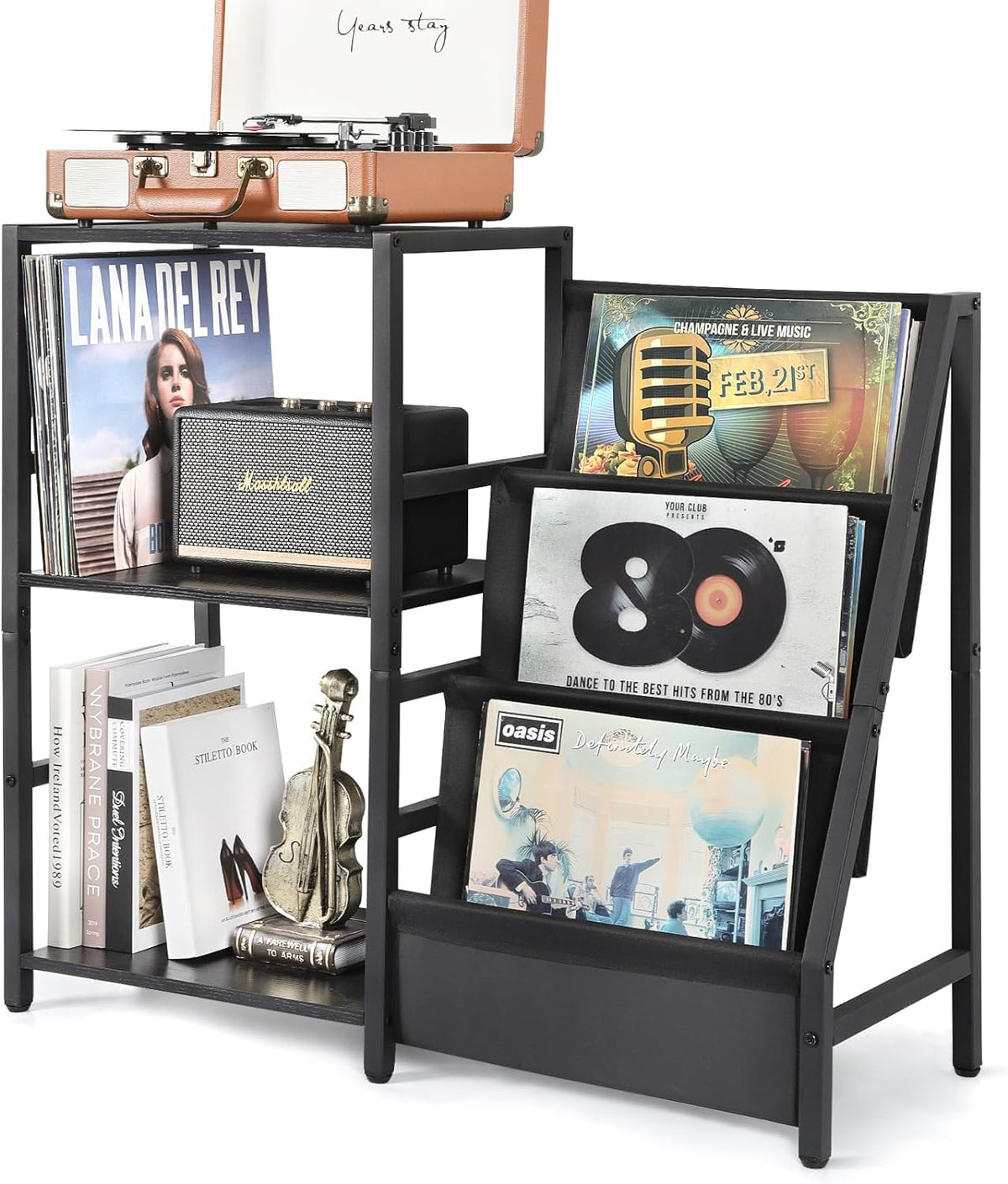 Bikoney Record Player Stand, Turntable Stand with 3-Tier Vinyl Record Storage, Record Player Table Up to 200 Albums, End Table for Records, Vinyl Record Holder