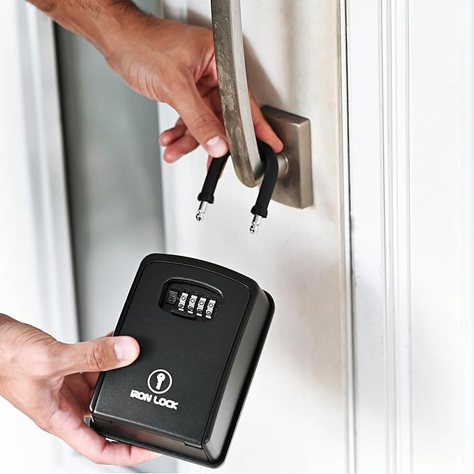 Iron Lock® Key Lock Box Portable with U-Shackle – XXL Waterproof Heavy-Duty Metal Safe with 4-Digit Combination for Spare Keys Outside on Door Knob, Fence or Gate (Black, XXL)
