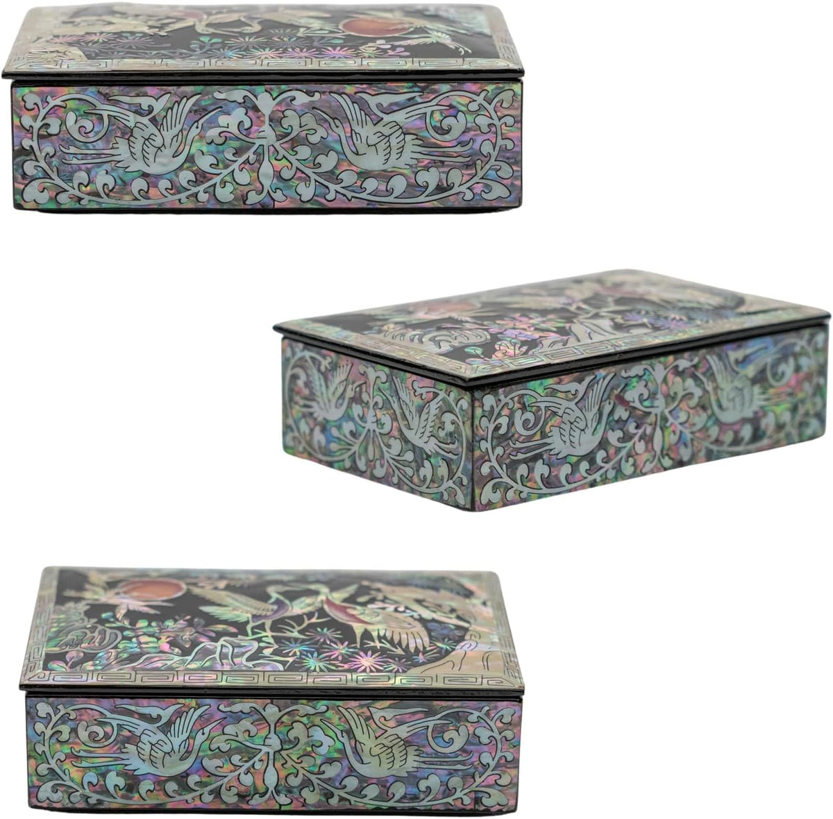 February Mountain Mother of Pearl Trinket Box Organizer for Business Cards, Jewelry or Keys - Small Wooden Box Inlaid - Gifts for Women and Men Ideal for Gifts and Keepsakes (Crane with Pine Tree)