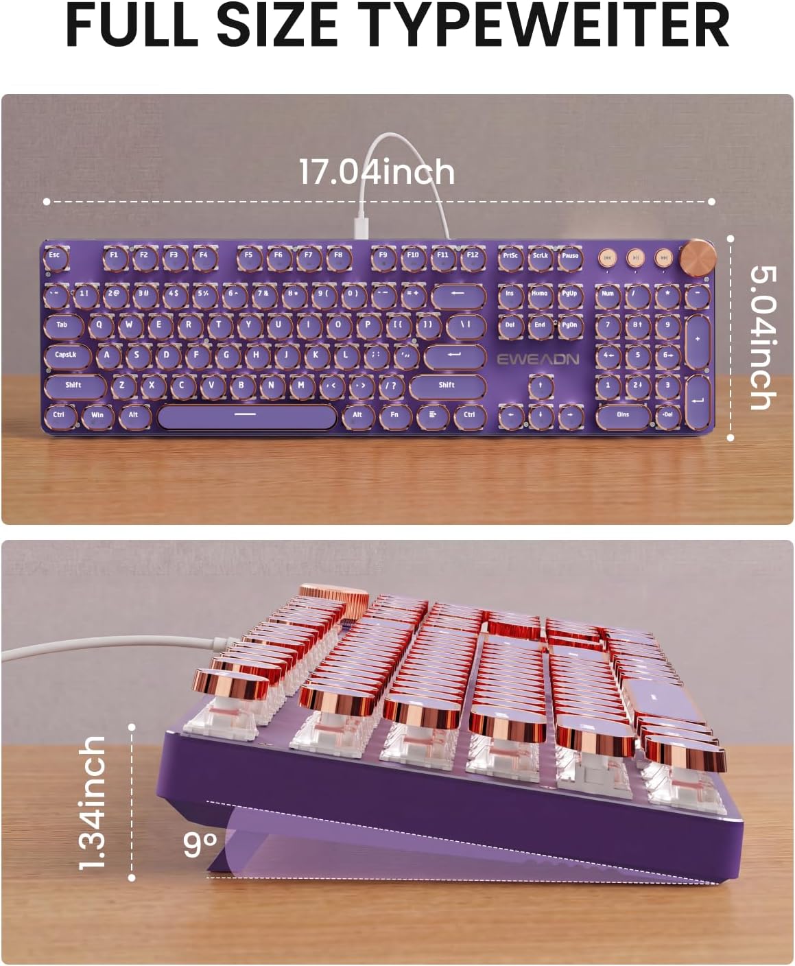 Wired Typewriter Mechanical Keyboard, Retro Punk Keyboard with Media Knob