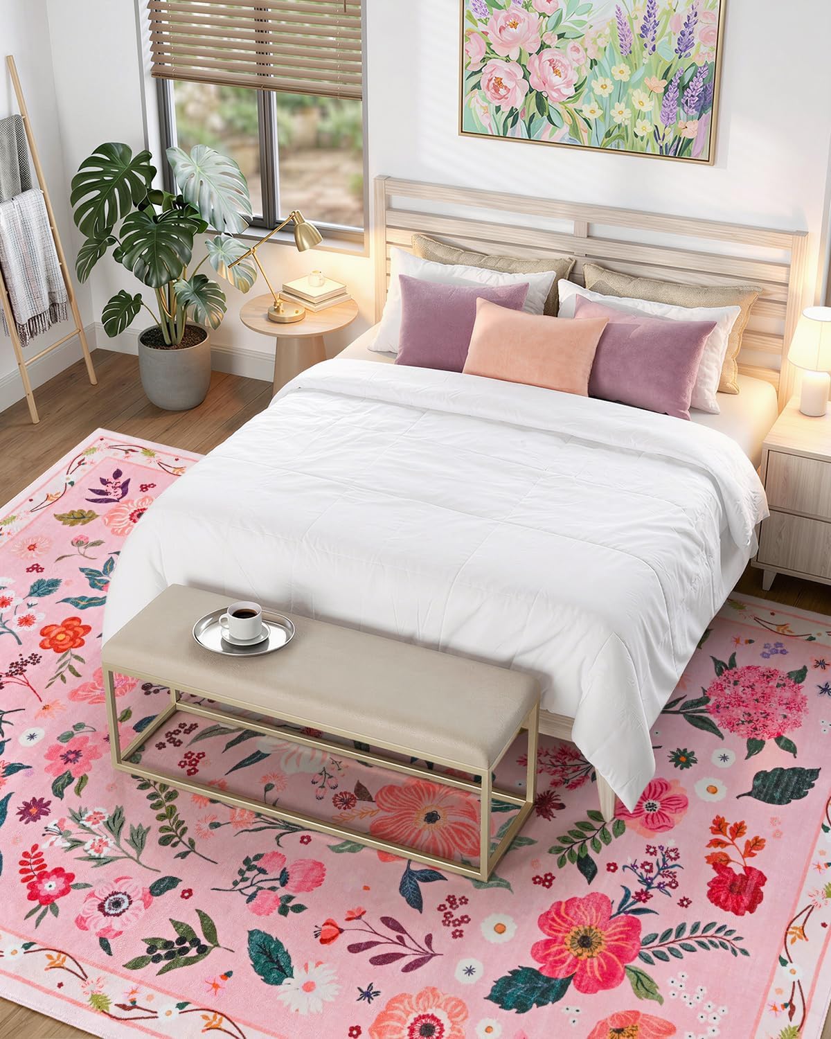 Macgace Floral Area Rug for Living Room, Machine Washable 5x7 Pink Rugs