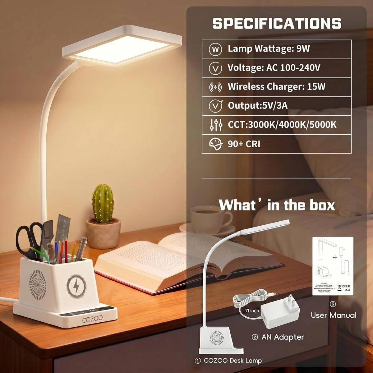 cozoo LED Desk Lamps for Home Office with Storage,15W Fast Wireless Charger