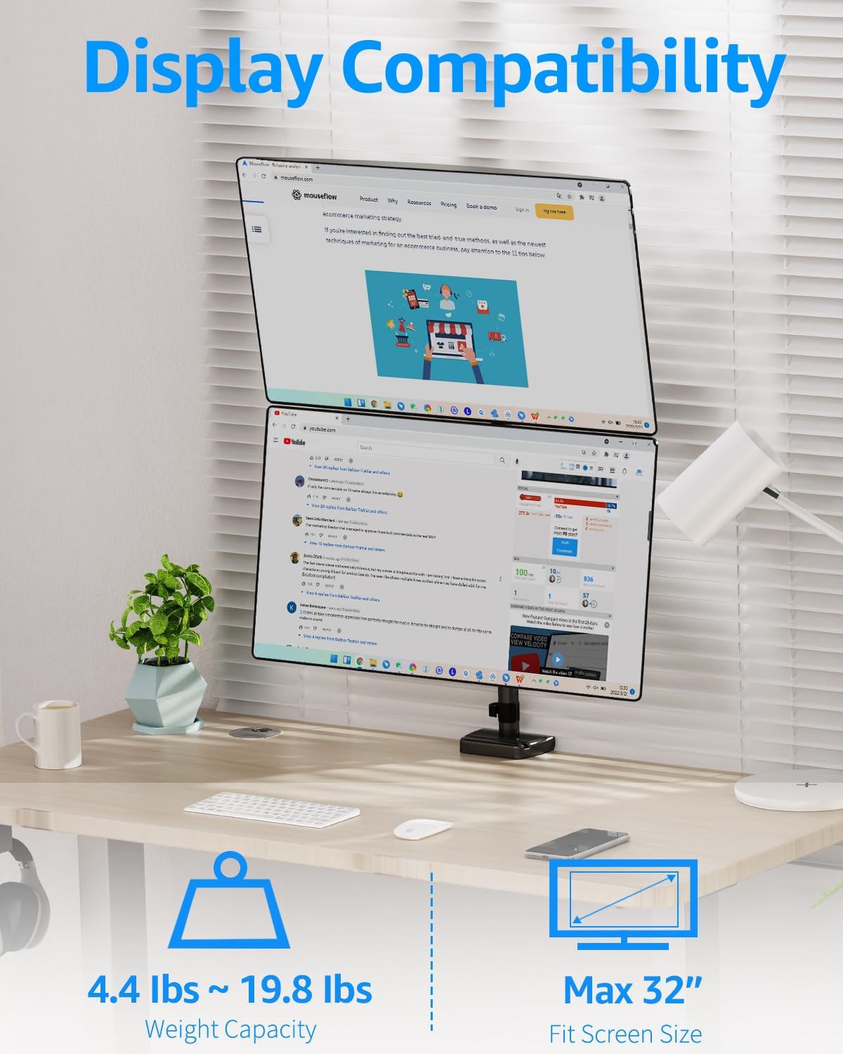 MOUNTUP Vertical Dual Monitor Mount Holds 4.4-17.6lbs, up to 32 Inch Stacked Monitor Mount with Gas Spring Arm with Clamp/Grommet Base, Dual Monitor Stand for Desk, For Home Office, VESA 75x75/100x100