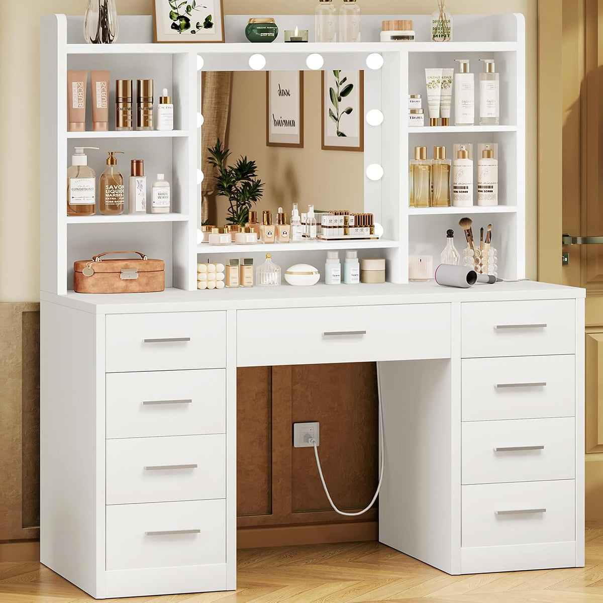 FIONESO Vanity Desk with Mirror and Lights, Power Outlet, Makeup Vanity with 9 Drawers & 6 Open Storage Shelves, 3 Lighting Modes Brightness Adjustable, White