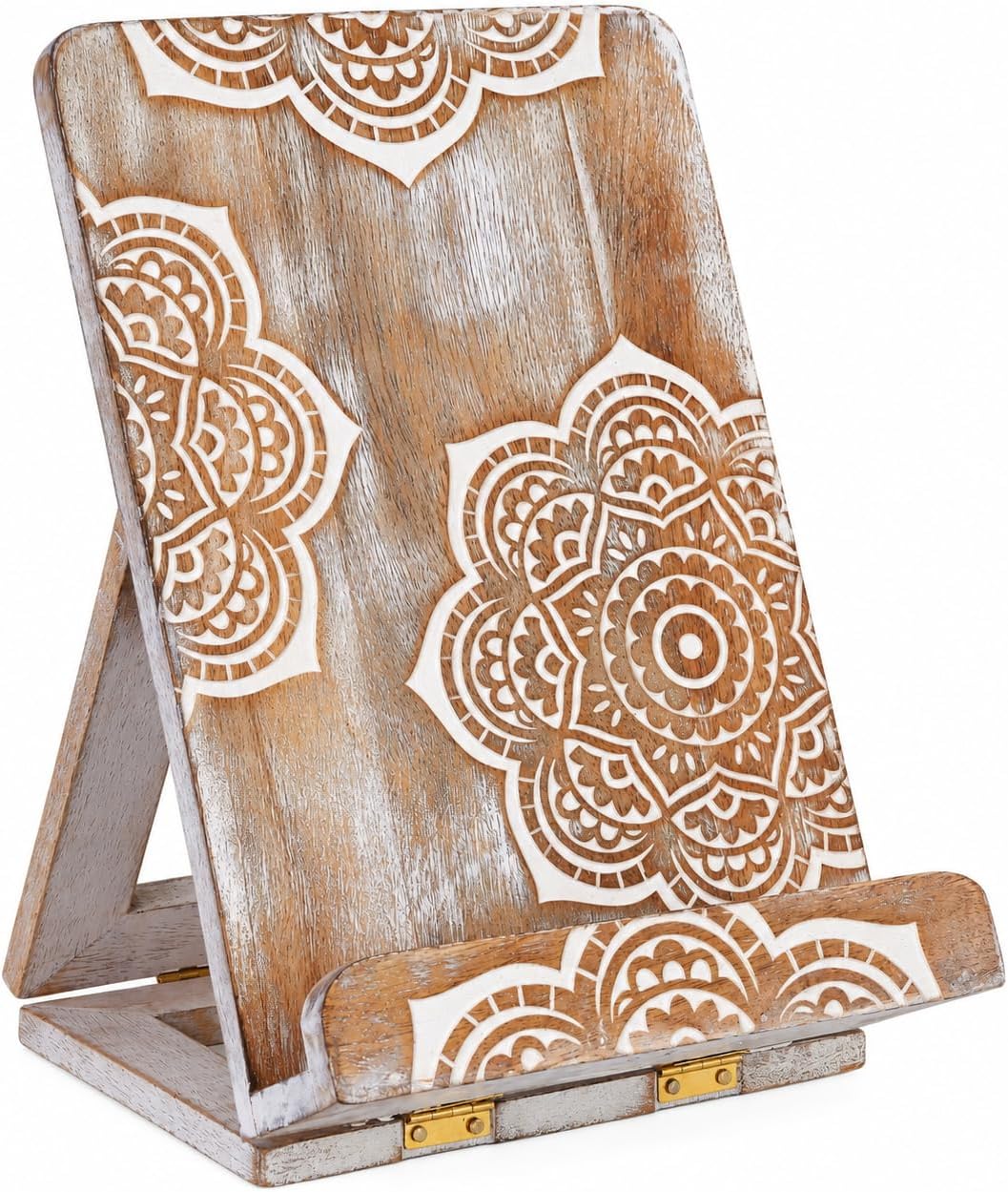 Wedding Gifts Mandala Wooden Cookbook Stand for Kitchen Counter Recipe Book Holder for Cooking, Solid Wood Chopping Board Style Foldable and Durable Recipe Holder for Tablets and Cookbooks