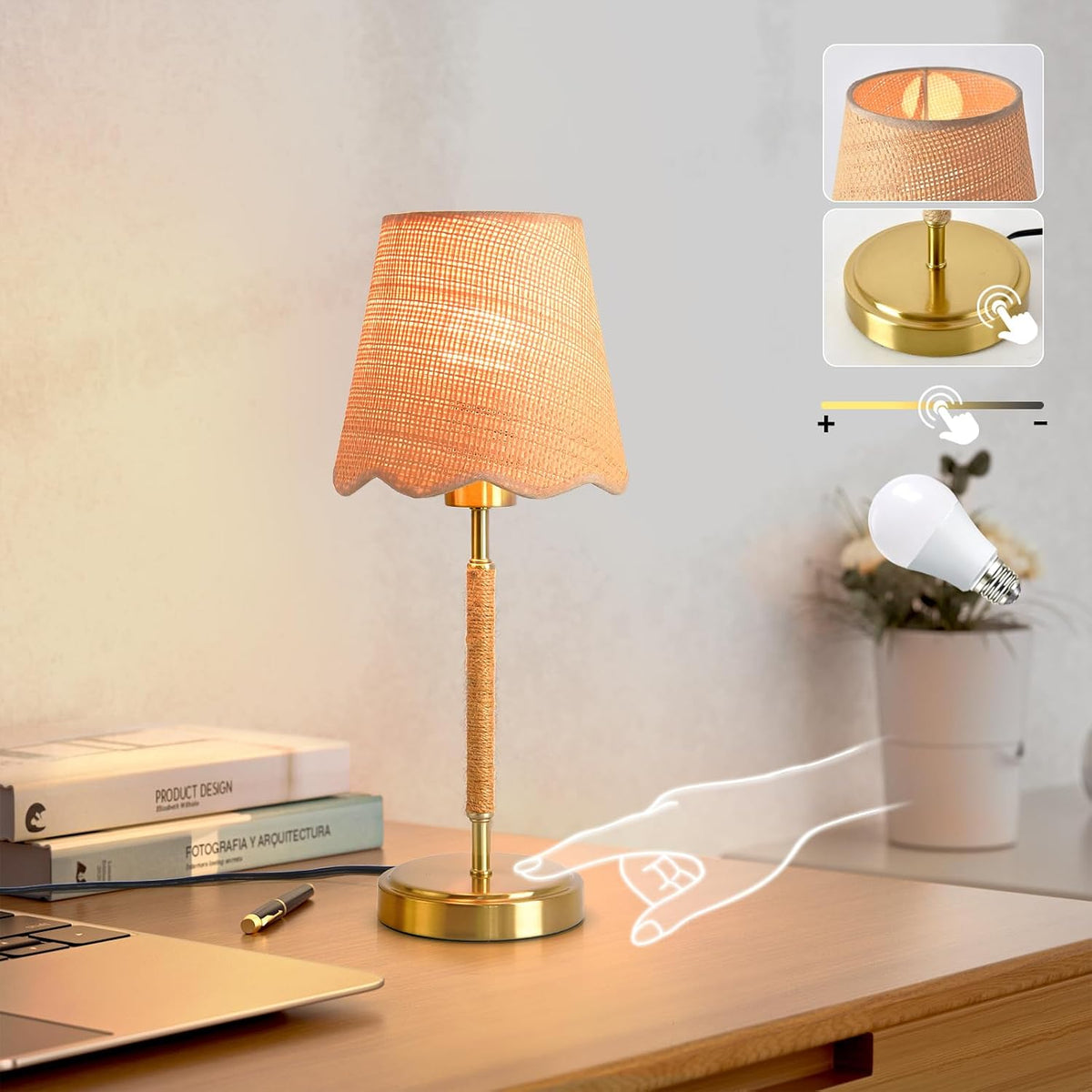 Boho Table Lamp for Bedroom, Touch Control Bedside Table Lamp with Brass Gold Base, Rattan Small Table Lamp for Small Space, Boho Lamp Rattan Lamp, Rustic Desk Lamp for Kitchen Counter, Nightstand