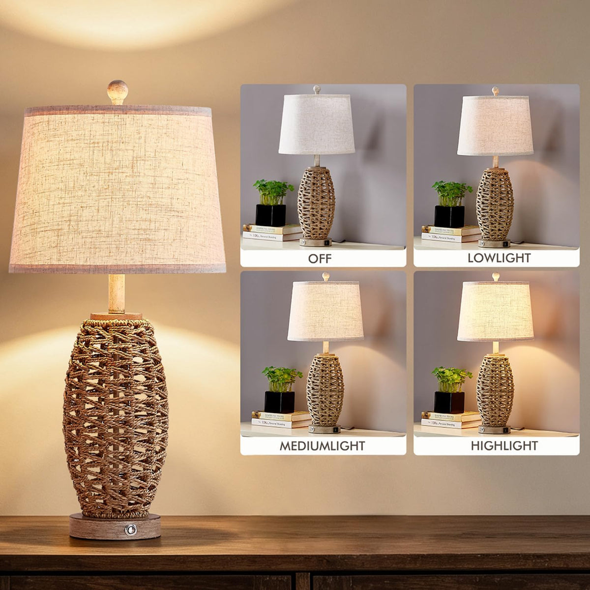 Rattan Table Lamp for Living Room, Dimmable Touch Lamp for Bedside Table in Bedroom or Office, Rustic Vintage Table Lamp with USB Ports, Farmhouse Coastal lamp (Including LED Bulbs)
