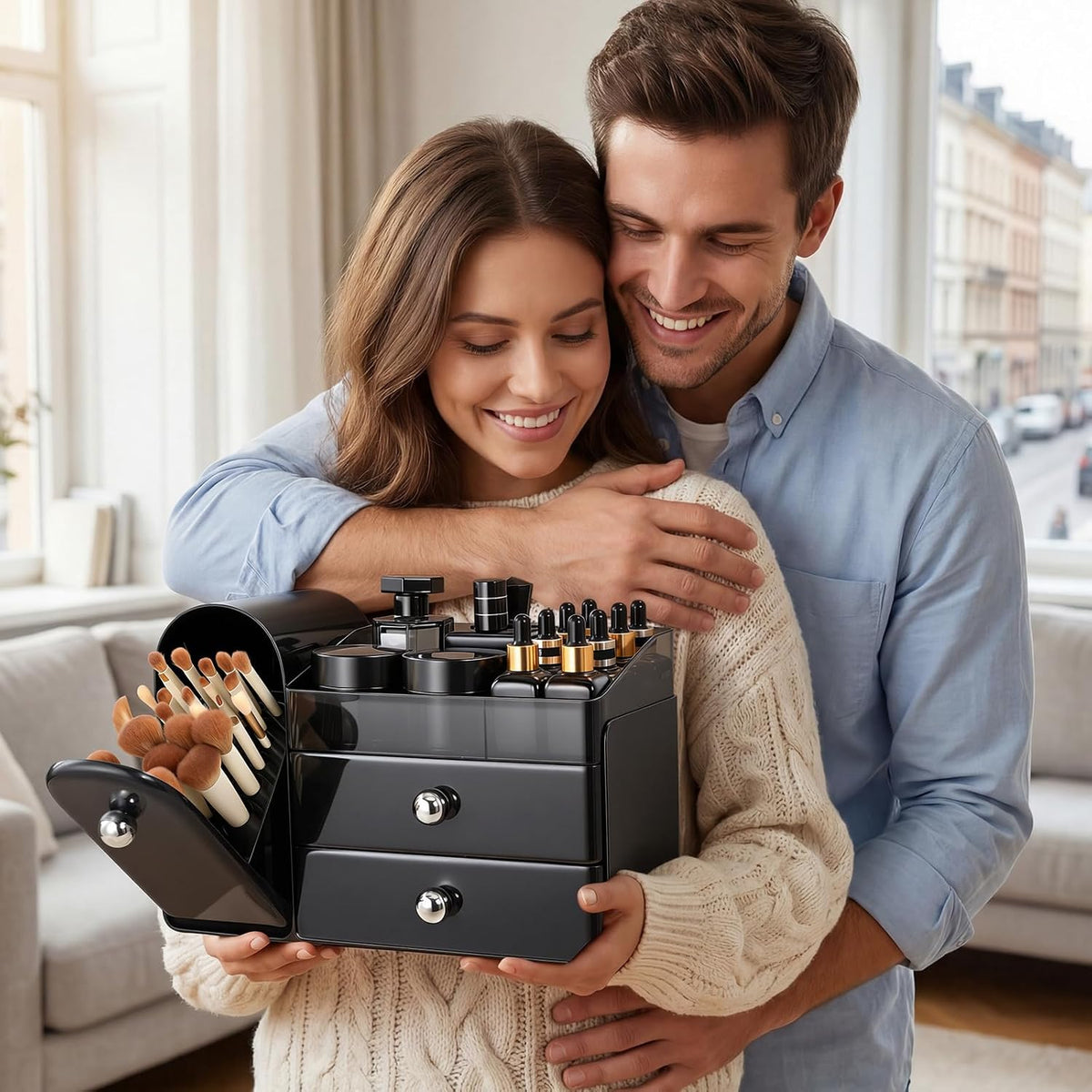 Makeup Organizer Countertop with Makeup Brush Holder,Black