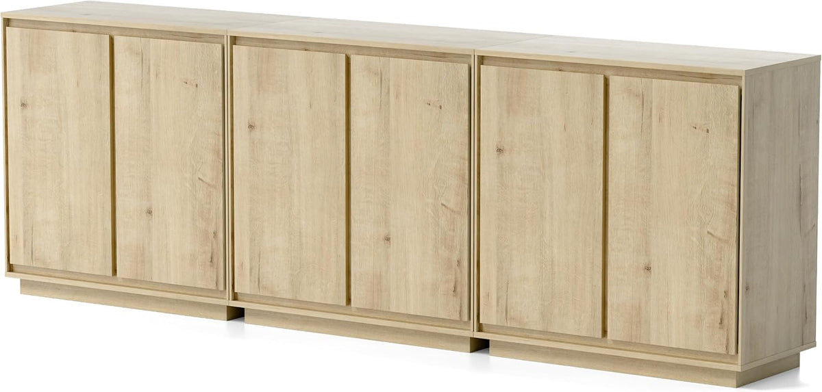 EYYTHUNG Buffet Storage Cabinets Set of 3, Sideboard Accent Cabinet with Adjustable Shelves and Handless Design, Credenza Console Table for Living Room, Light Oak