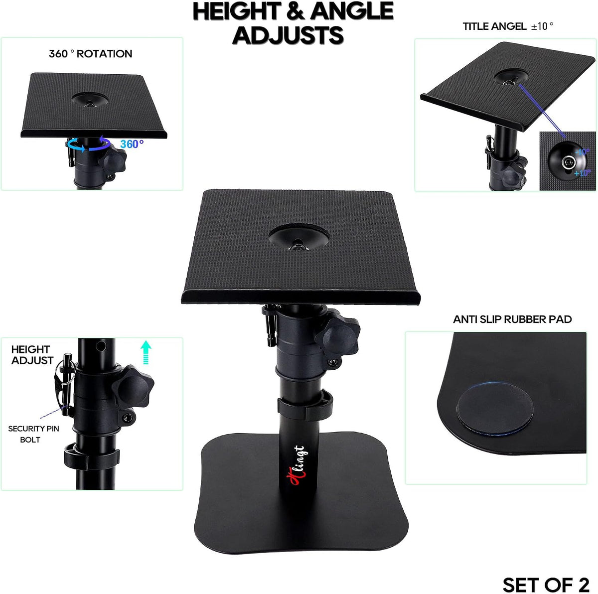 Tlingt Desktop Speaker Stands Pair, Sturdy Flat Base, Height & Tilt Adjusts