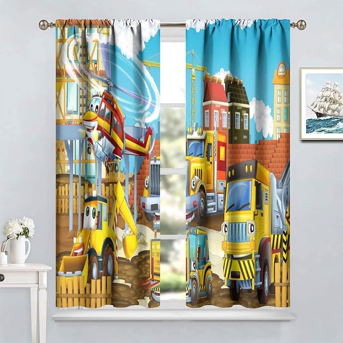 Kids Cartoon Construction Window Curtains, Funny Construction Site Cars and