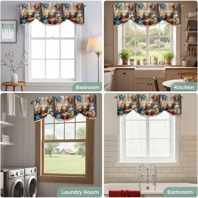 Country Flower Tie Up Valance for Window, Western Texas Star Butterfly Barn