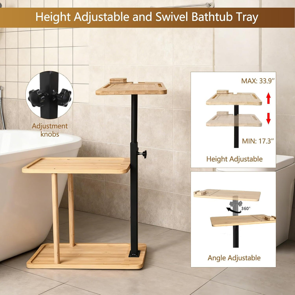 3 Layer Bathtub Tray Table,Bamboo Swivel Bathtub Side Table Height Adjustable,Freestanding Bathtub Tray for Tub Against Wall,Bathtub Accessories&Bathroom Organizer for Luxury Home Spa (Natural1)