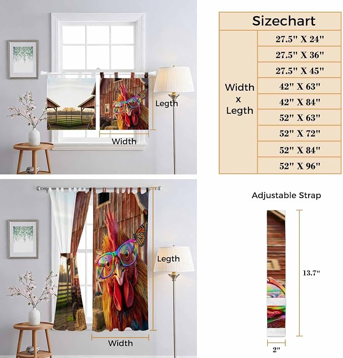Farm Rooster Living Room Curtains 96 Inch Length, Window Curtains Tab Top