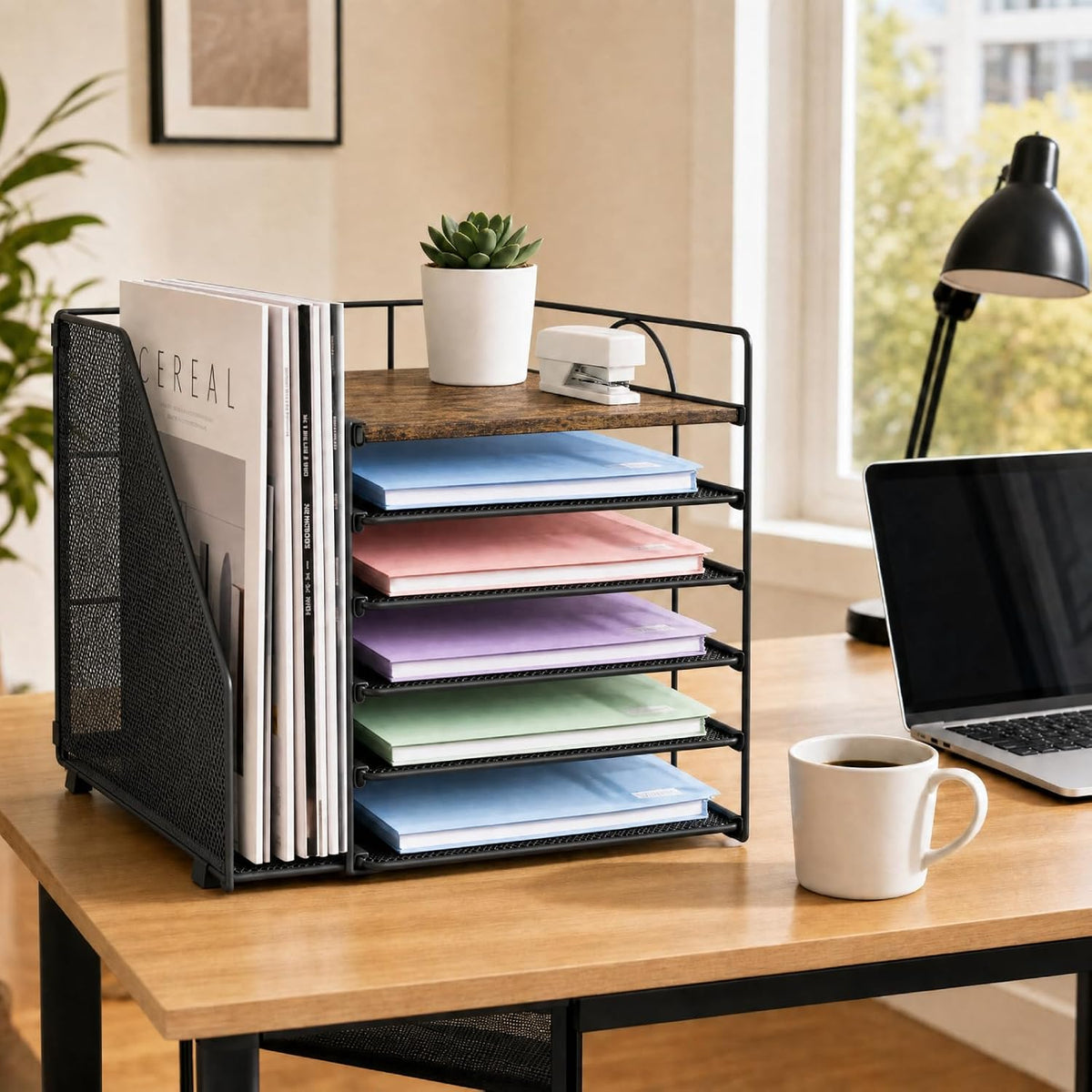LEKETREE Desk Organizers and Accessories, 5-Tier Paper Letter Tray Organizer with File Holder, Desktop Organizer for Office Supplies (Wood)