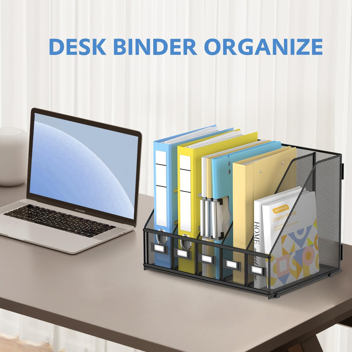 5 Vertical Compartments Magazine File Holder, Metal Binder Organizer, Black