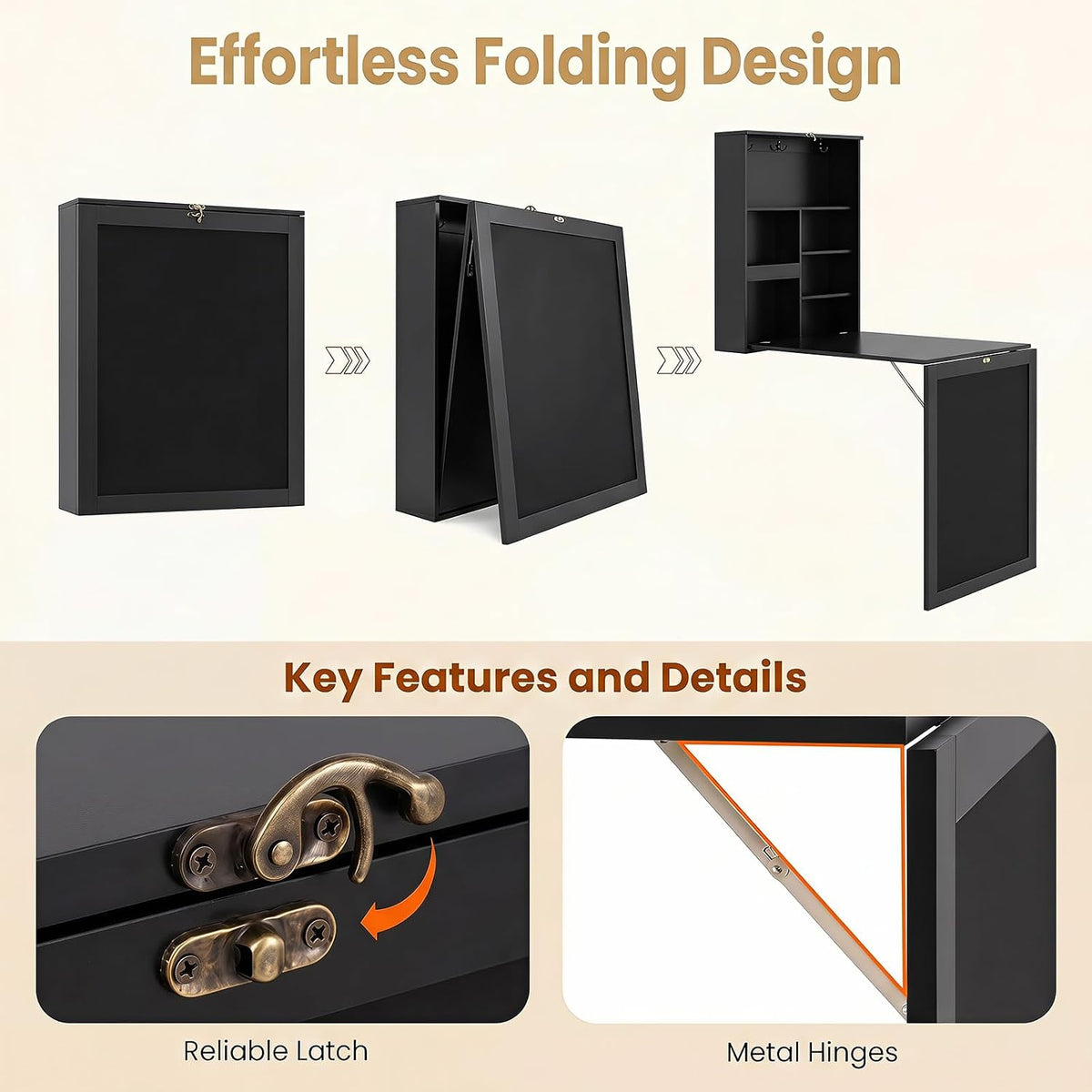 Tangkula Foldable Wall-Mounted Desk, Floating Desk with Chalkboard, Storage Shelves & Hooks, Space-Saving Murphy Table for Home Office, Bedroom, Dorm Room, Small Spaces