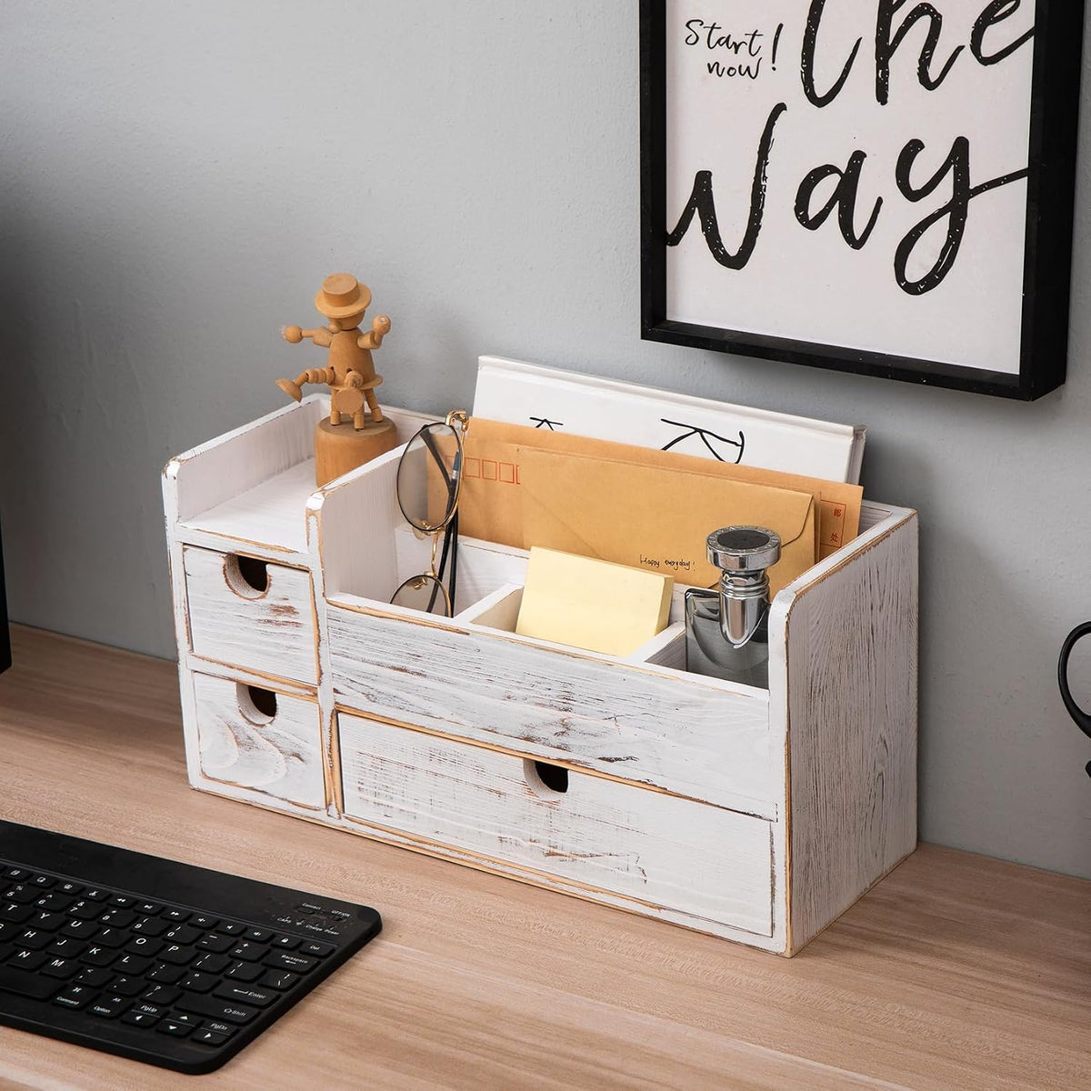 White Wooden Desktop Organizer 3 Removable Drawers Office Supplies Wood Storage Caddy Box Stationery Pencil Multiple Cabinet Slots Mail Holder Note Pads Accessories Home Makeup Tools Cosmetics