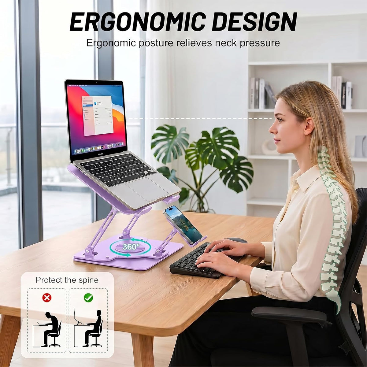 Adjustable 360°Rotating Laptop Stand, 2-in-1 Ergonomic Carbon Steel Laptop Riser with Detachable Phone Holder, Hollow Cooling Notebook Stand Fits 12.9-18 Inch Laptops (Purple)