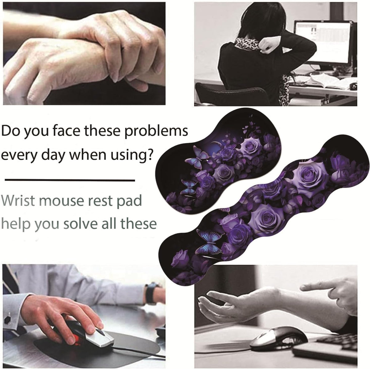 Large Gaming Table Pad 31.5 "x 11.8" + Keyboard Wrist Pad + Mouse Wrist Pad + Coaster Non-Slip Base 4-in-1 Set, Ergonomic Memory Foam, Easy Typing Pain Relief, Purple Roses and Butterflies