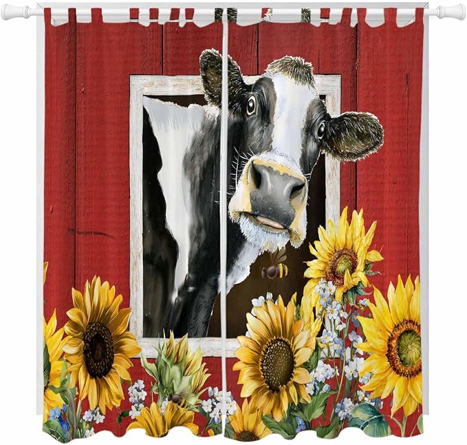 Cows Sunflowers Living Room Curtains 84 Inch Length, Window Curtains Tab Top