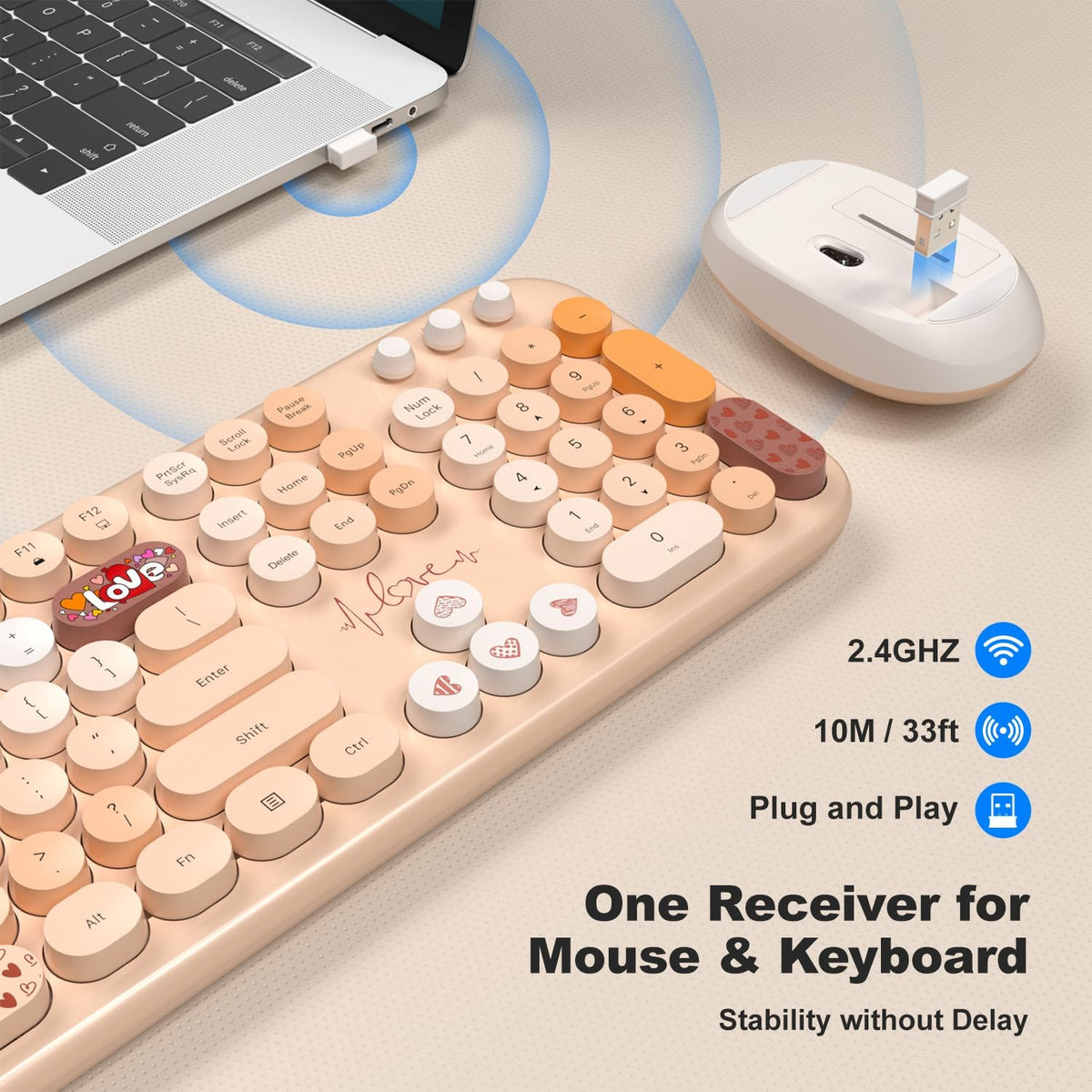 MOFII Wireless Keyboard and Mouse Combo - Pale Coffee Full Sized Plug and Play Colorful Computer Keyboards - 104 Keys Round Keycap USB 2.4G Cute Keyboard for Windows/Laptop/Mac/Desktop/PC