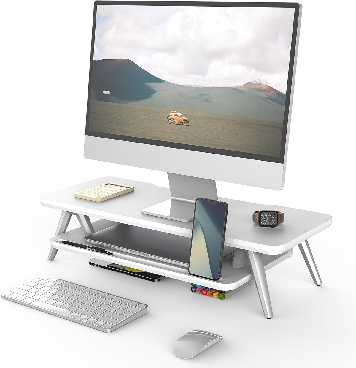 Fenge Monitor Stand Riser, Wooden Desk Shelf with 2-Tier Storage