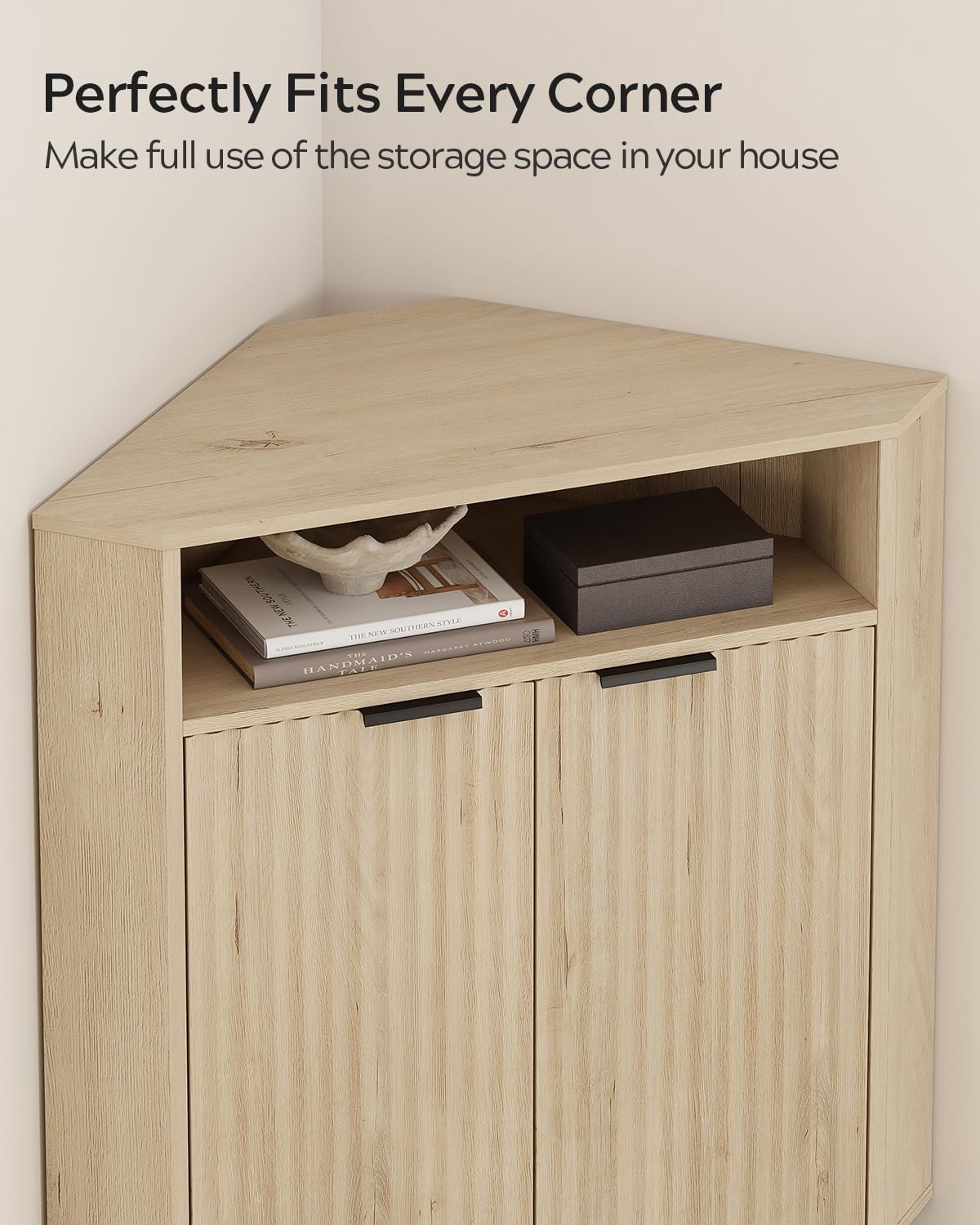 Fluted Corner Cabinet with Storage, Modern Floor Cabinets with Adjustable Shelf & Metal Legs Wooden Narrow Cabinet Organizer for Living Room Kitchen, Light Oak