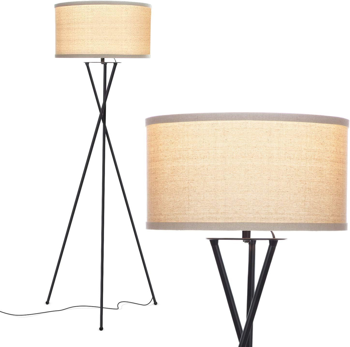 Brightech Jaxon LED Floor lamp, Modern Lamp for Living Rooms & Offices, Tall Lamp with Contemporary Drum Shade, Gold Tripod Standing Lamp for Bedroom Reading, Great Living Room Decor - Black