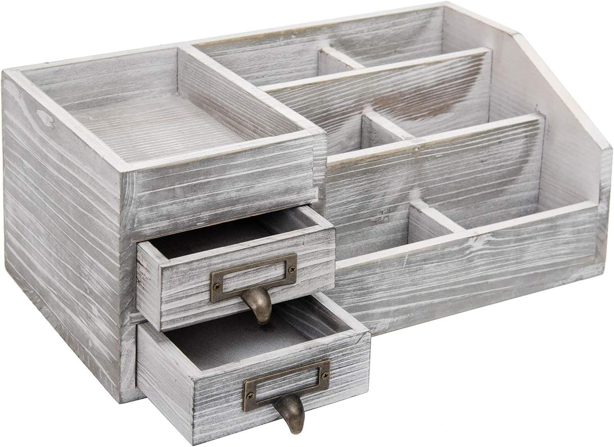 Distressed Rustic Wooden Office Desktop Organizer Wood Shelf Tabletop Home Organizer Storage with Multiple Compartments 2 Tier Drawers,perfect Jewelry storage Display Box for Desk, Vanity (gray)