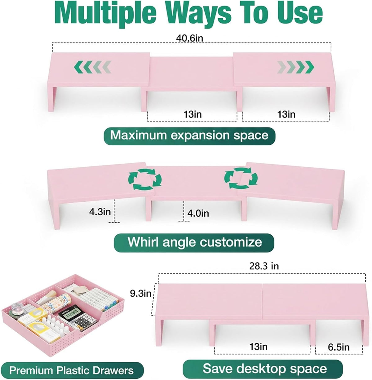 OPNICE Dual Computer Monitor Stand Riser, Desk Organizer with Drawer, Office Desk Accessories & Workspace Organizers for Home Office Supplies, Pink