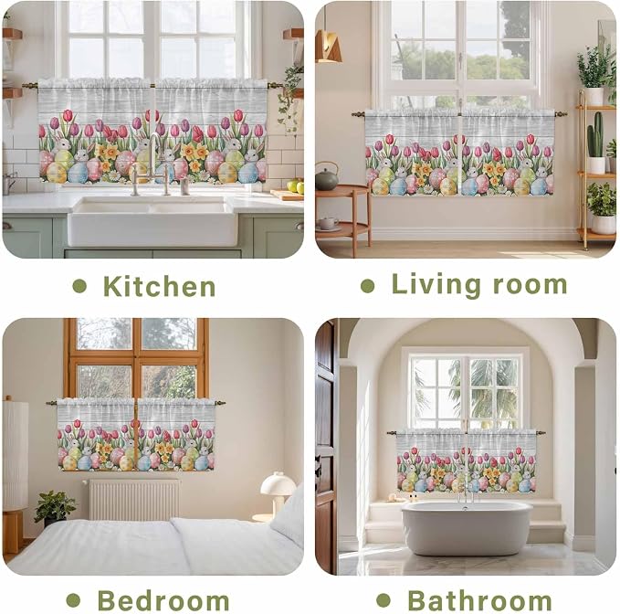 Easter Kitchen Tier Curtains 36 Inch Long 2 Panel Set, Rod Pocket Half Window