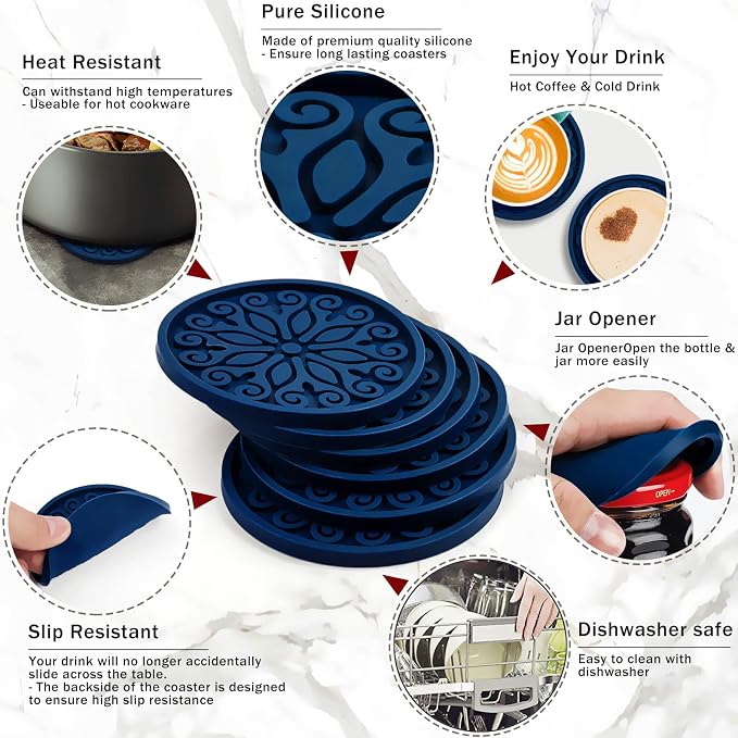 Coasters for Drinks, Resistant Reusable Silicone Coasters