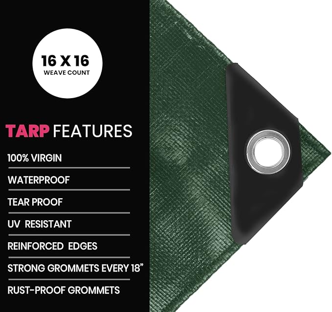 PROTARP Extreme Heavy Duty 22 Mil Tarp Cover, Waterproof, UV Resistant, Rip and Tear Proof, Poly Tarpaulin with Reinforced Edges for Roof, Camping, Patio, Pool, Boat. (Green/Black 100′ X 100′)
