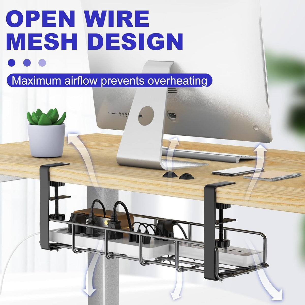 Under Desk Cable Management Tray No Drill Steel Rack Black
