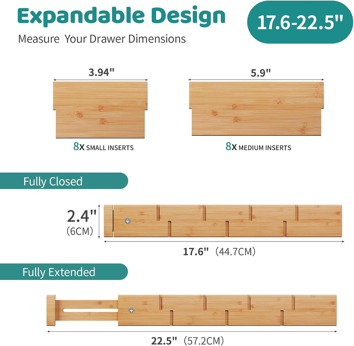 8 Pack Kitchen Drawer Dividers with Inserts, Bamboo Adjustable Drawer Organizers, Expandable Organization for Home, Dressers, 8 Dividers with 16 Inserts