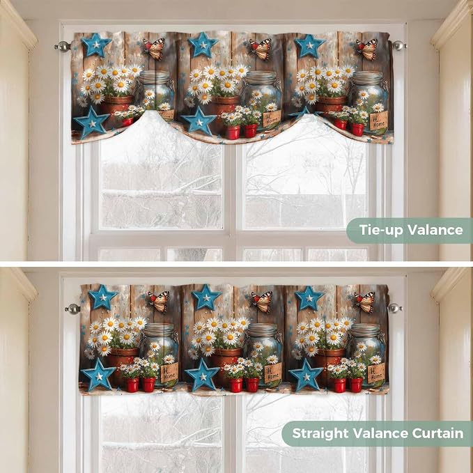 Country Flower Tie Up Valance for Window, Western Texas Star Butterfly Barn