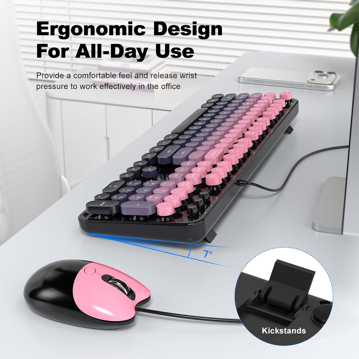 MOFII Wired Retro Typewriter Keyboard and Mouse Combo, Full Size USB Plug & Play for Windows PC Laptop- Plum Pink Gradient