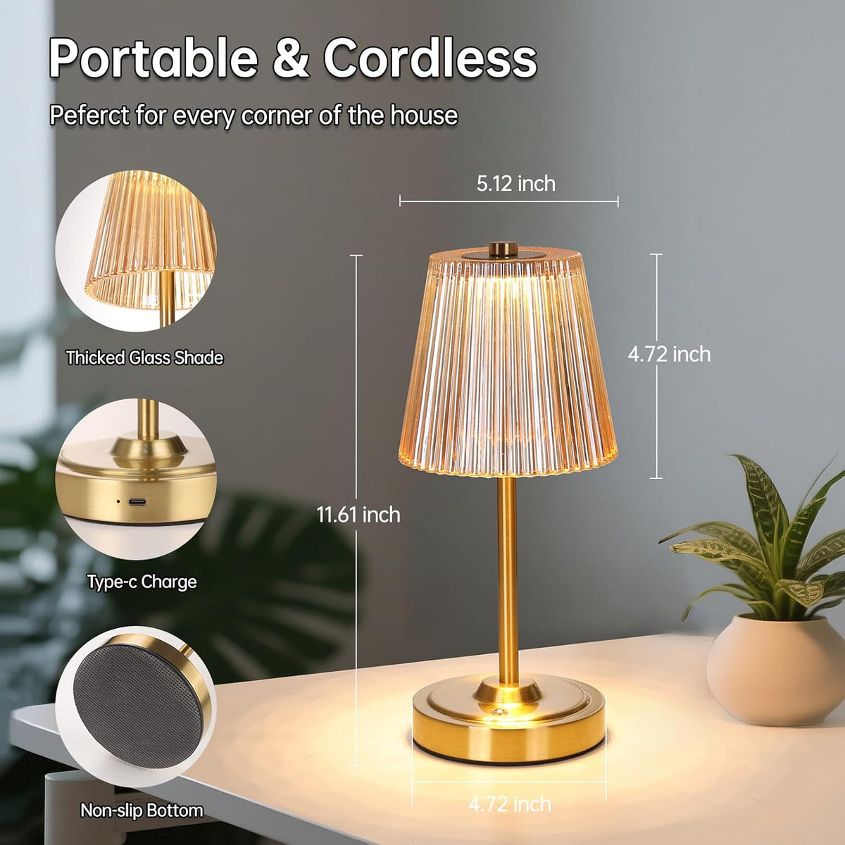 Shenmoyl Cordless Touch Table Lamp with 5200mAh Battery - 3 Adjustable Color Temperatures & Dimmable, Rechargeable Desk Lamp for Bedroom, Living Room, Office, Entryway, Bookshelves (Amber Stripe)